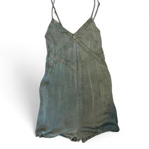 aerie Olive Green V-Neck Lace-Trim Romper, Size XS